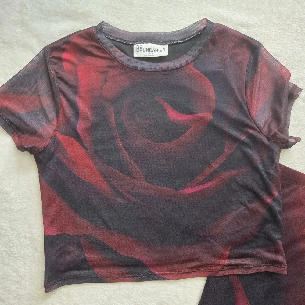 Y2K No Boundaries Two Piece Crop Shirt Skirt Mesh Dark Rose Short Sleeve Sz Lg